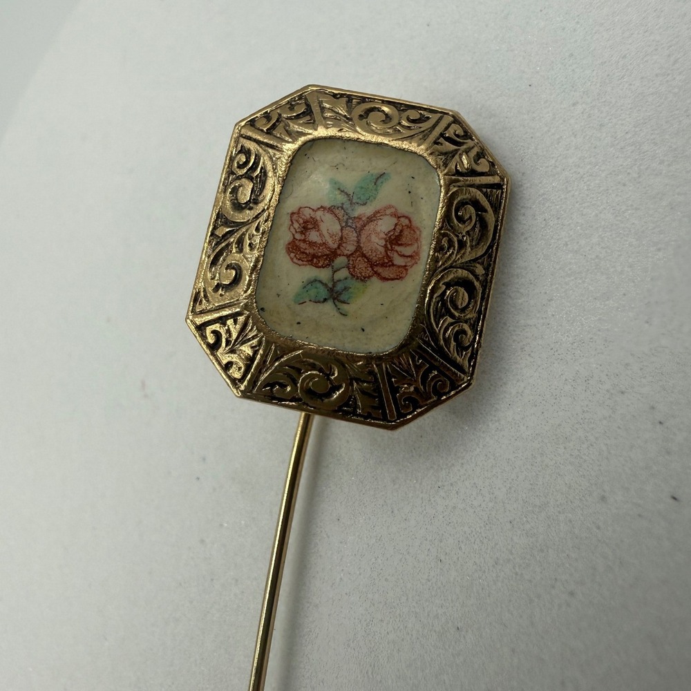 Vintage Gold Tone Floral Rose Stick Pin‎ Hat Lapel Pin Rectangular Scroll Border